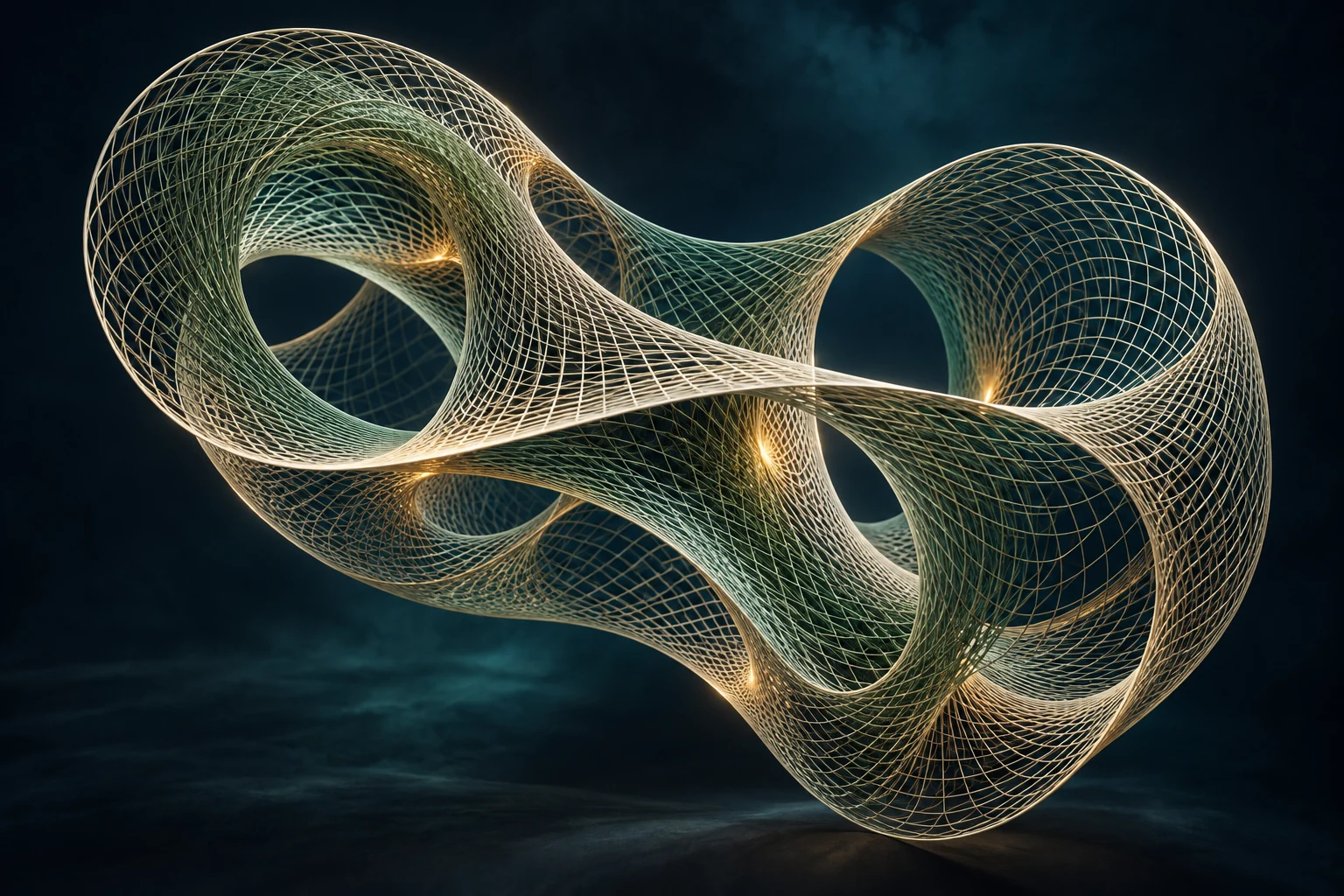 Concept illustration: A complex curved mathematical surface woven from fine threads of light.