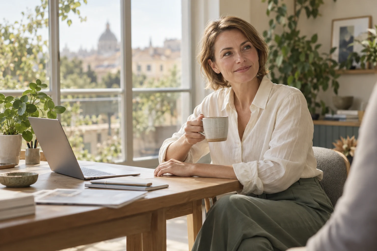Illustration of a fictional colleague making time for a conversation at her desk.